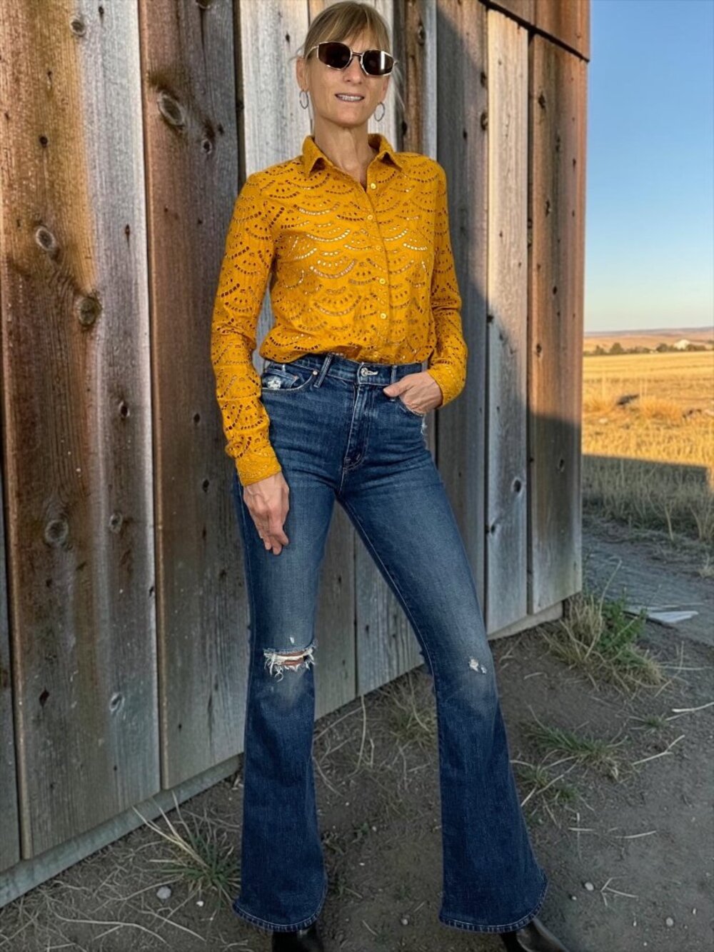 Ba&sh Rony Eyelet Embroidered Shirt S Orange Long Sleeve Button Front